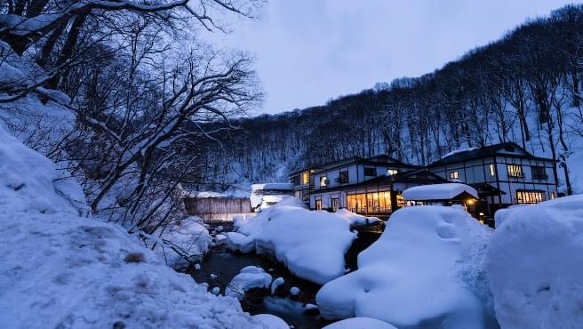 雪の積もった小川の向こうに見える石井花壇